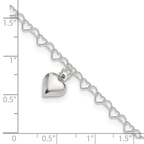 925 Sterling Silver Fancy Link Puffed Heart Charm 9 " + 1" ext. Jewelry Anklet - Picture 4 of 7